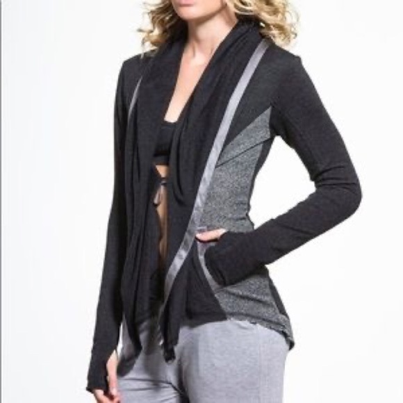 NESH Luxe Organic Hooded Open Front Tie Wrap Cardigan Black Tan White Sz M - Picture 1 of 15